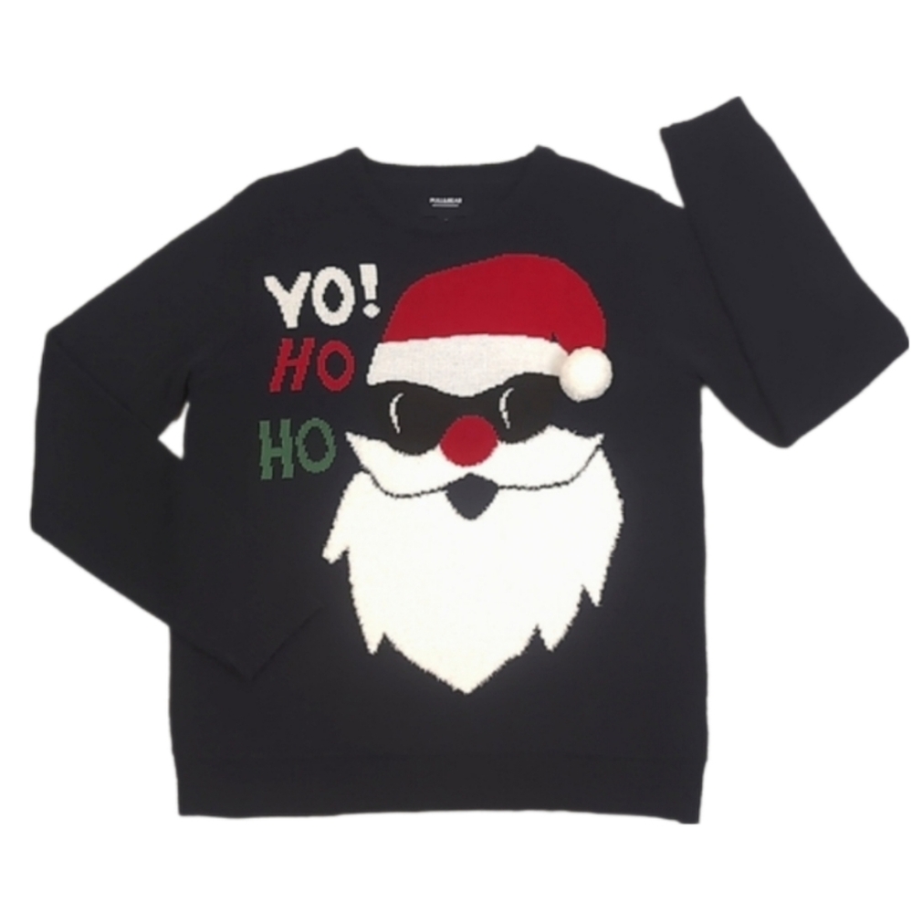 💠Pull & Bear Ugly Christmas Sweater Santa Claus Yo Ho Ho Crew Neck Pullover